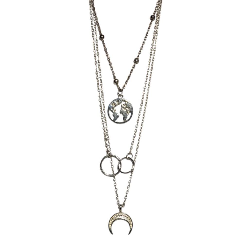 Earth and Moon Celestial Necklace Silver-Toned Necklace Three 3 Layer 16"
